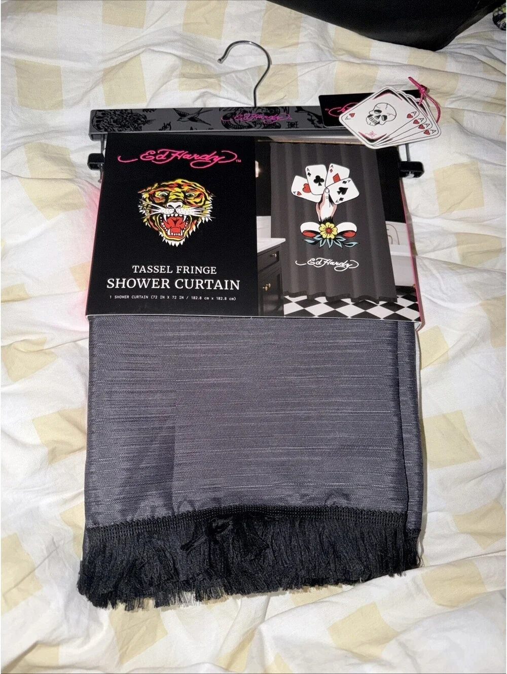 Ed Hardy Satin Black Graphic Dice Print Tassle Shower Curtain NWT